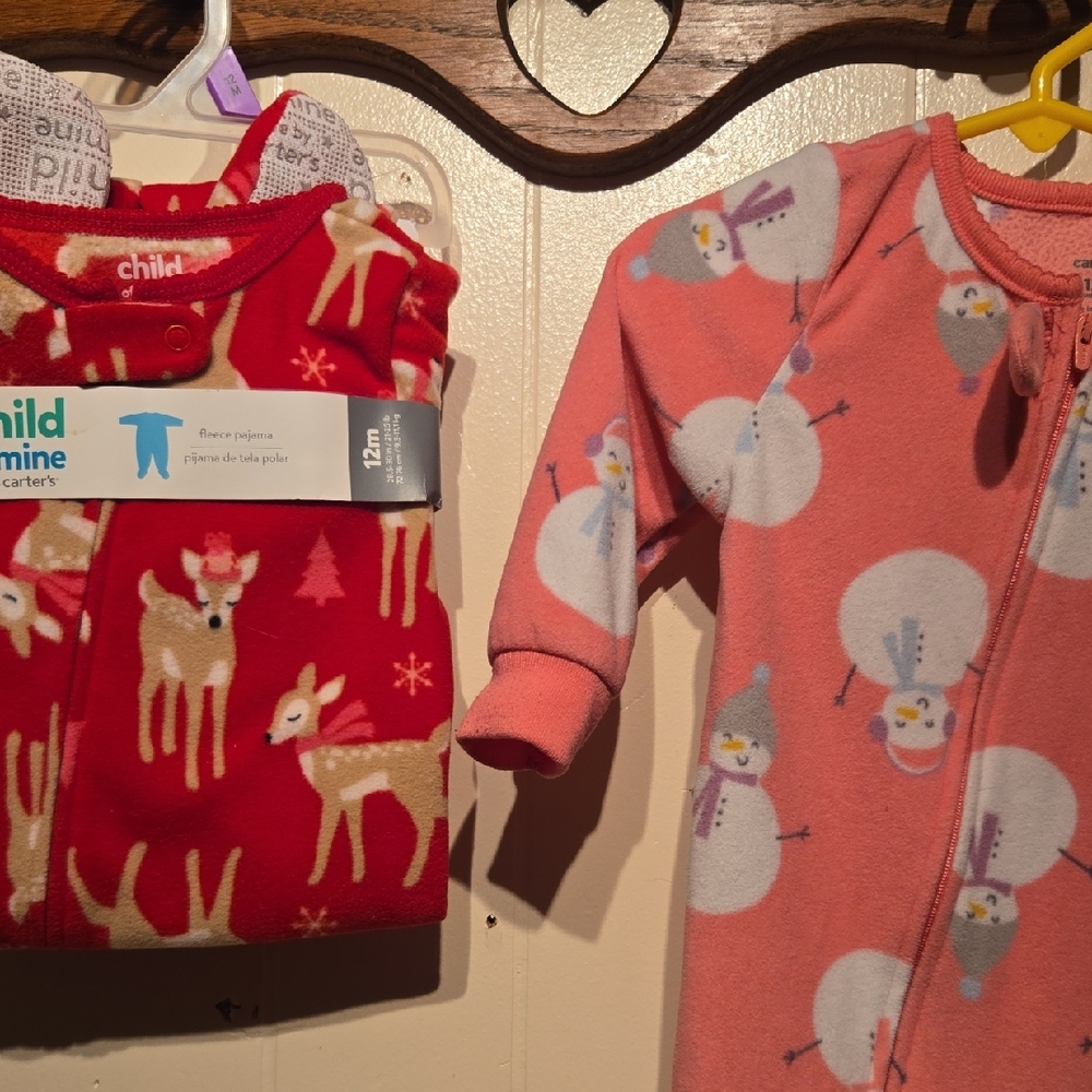 2 Carter's, Red and Pink, Kids Pajama Footies 12m with Snowman and Deer